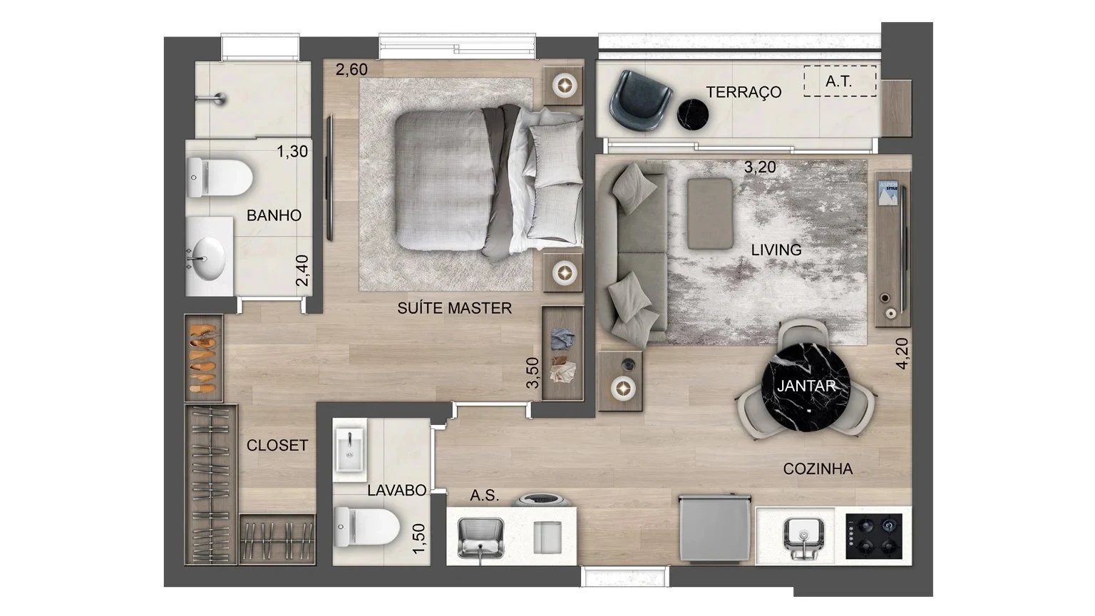 Planta 03 - 1 dorm 42m²
