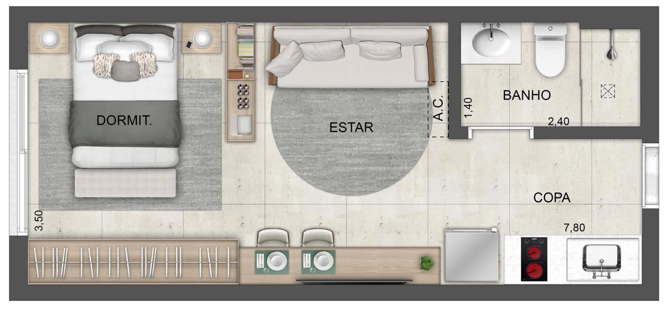 Planta 01 - 1 dorm 30m² - studio