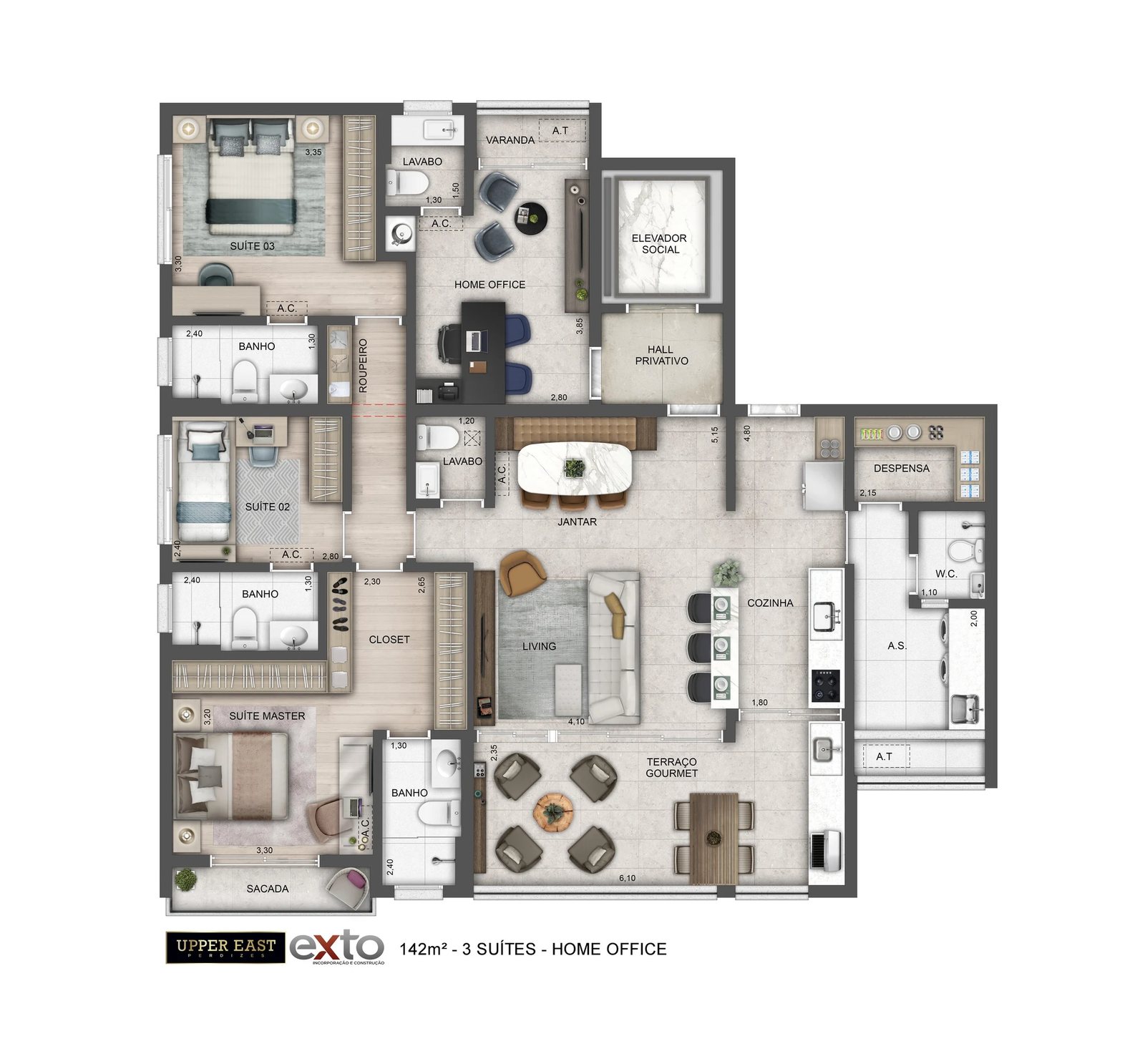 Planta 04 - 3 dorm 142m² - opção 3