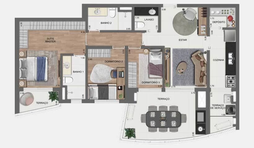 Planta 01 - 3 dorm 107m²