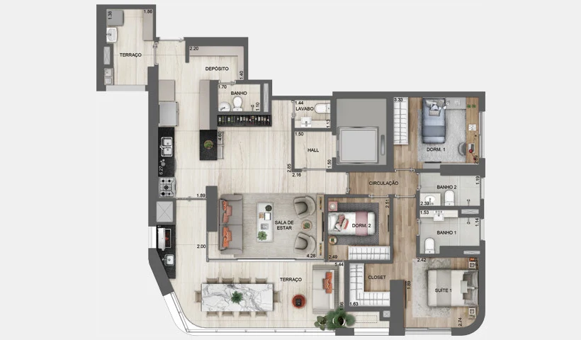 Planta 01 - 3 dorm 134m²