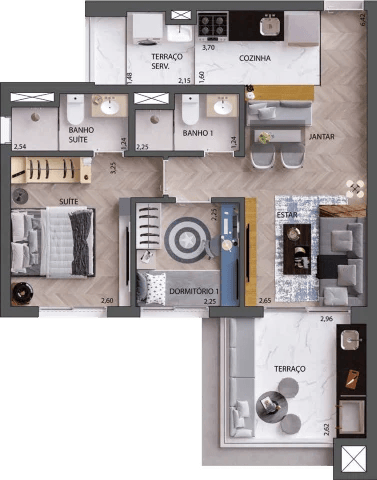Planta 03 - 2 dorm 60m²