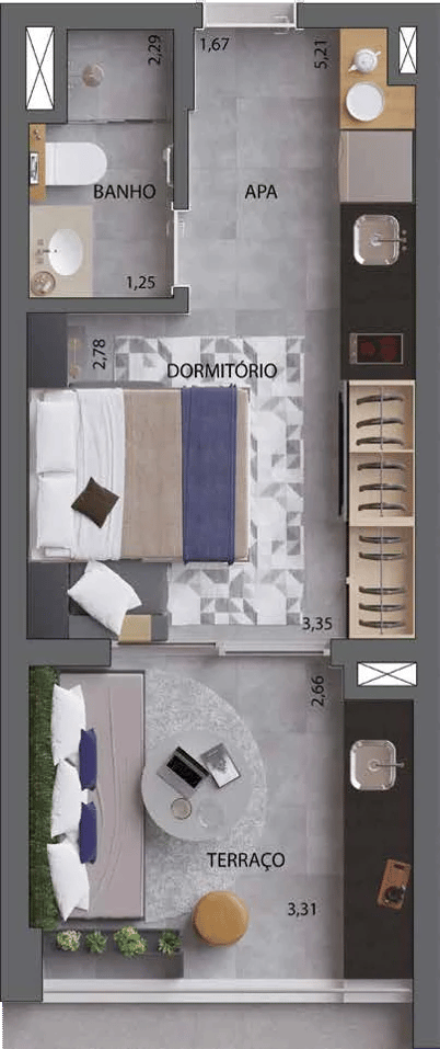 Planta 01 - 1 dorm 30m² - studio