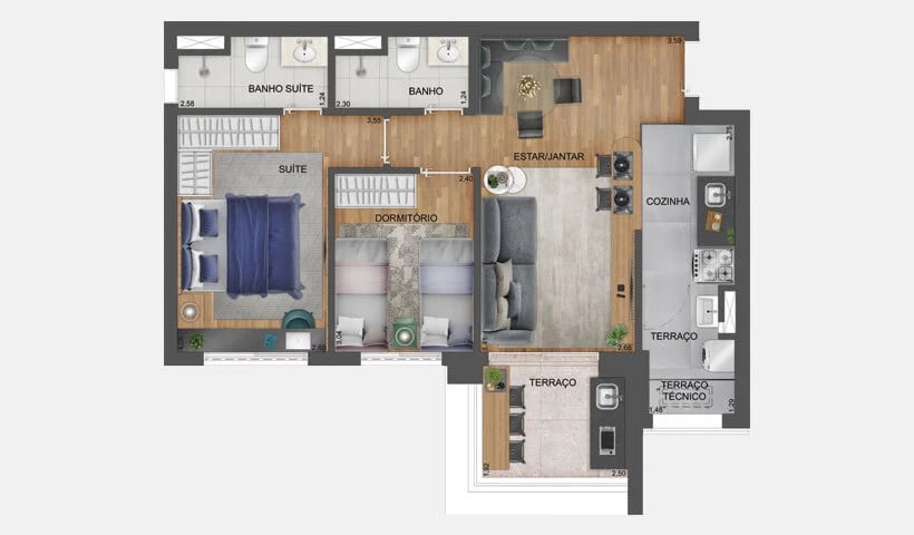 Planta 03 - 2 dorm 64m²