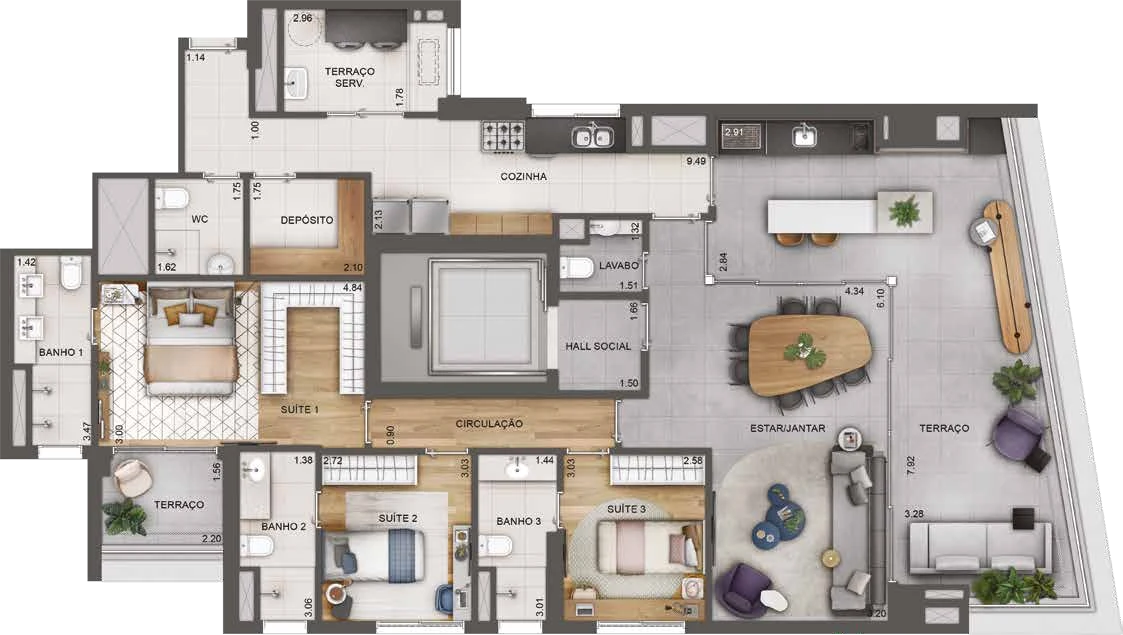 Planta 03 - 3 dorm 166m²