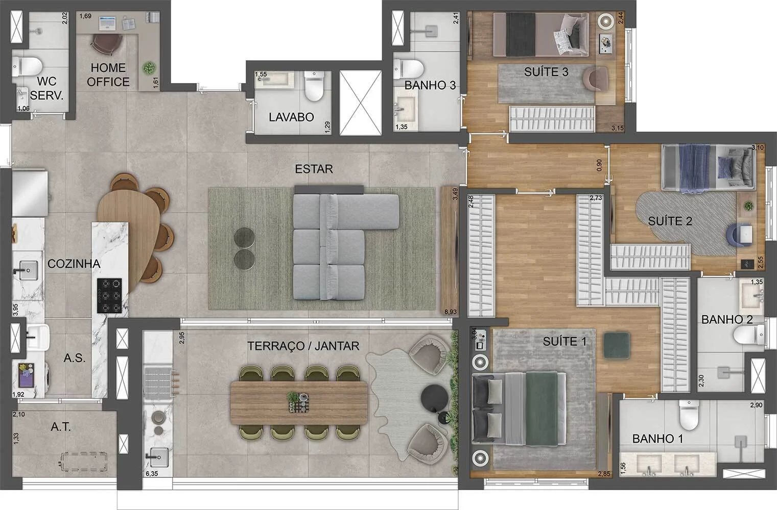 Planta 04 - 3 dorm 135m² - opção