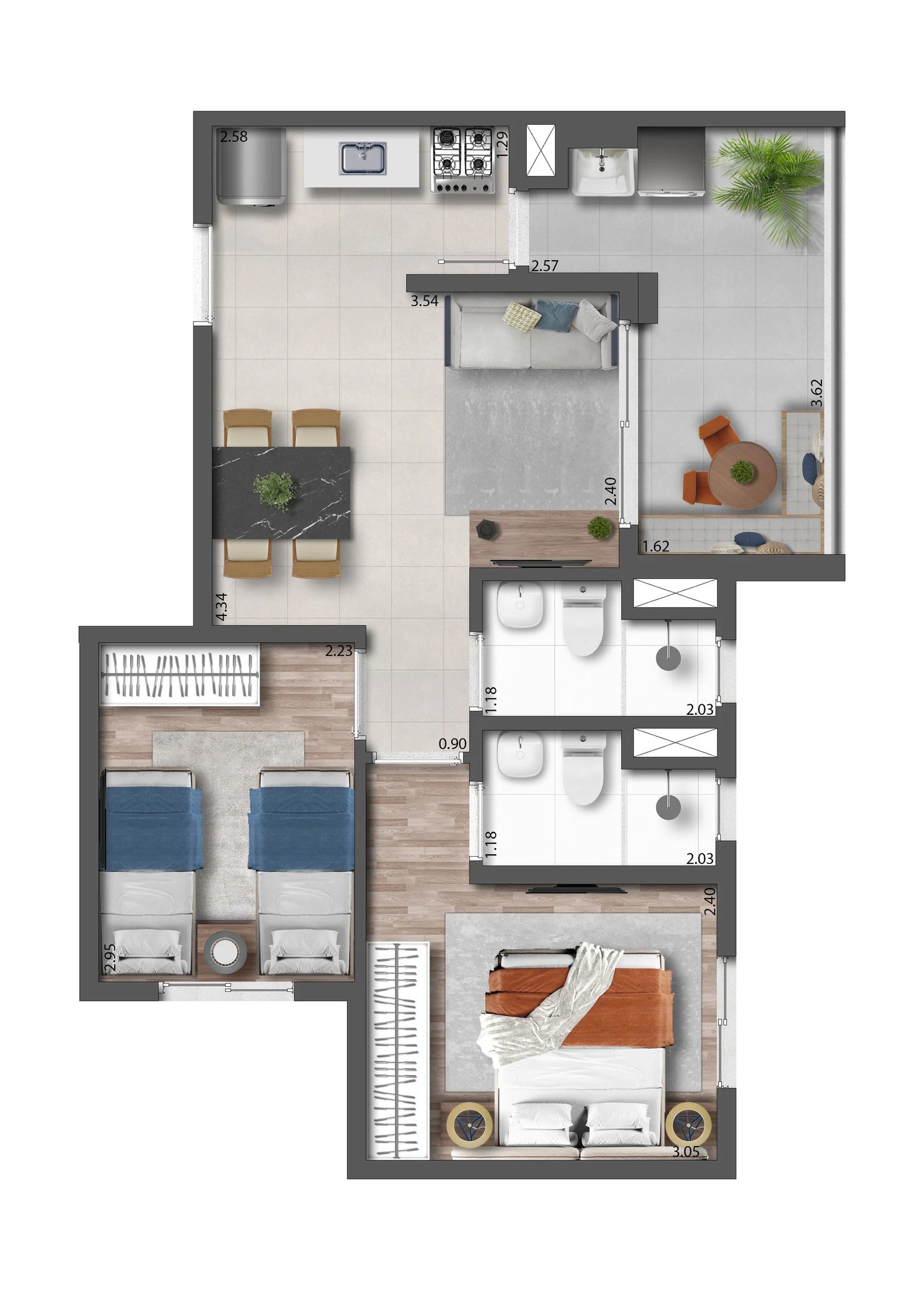 Planta 01 - 2 dorm 48 24m²