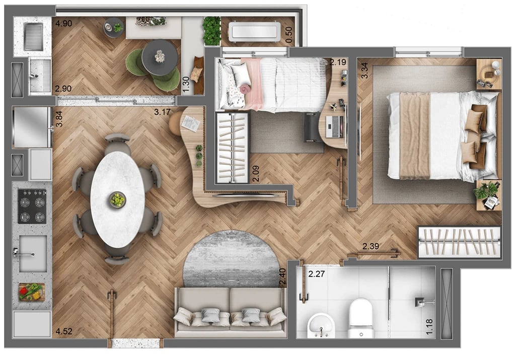 Planta 01 - 2 dorm 42 95m²