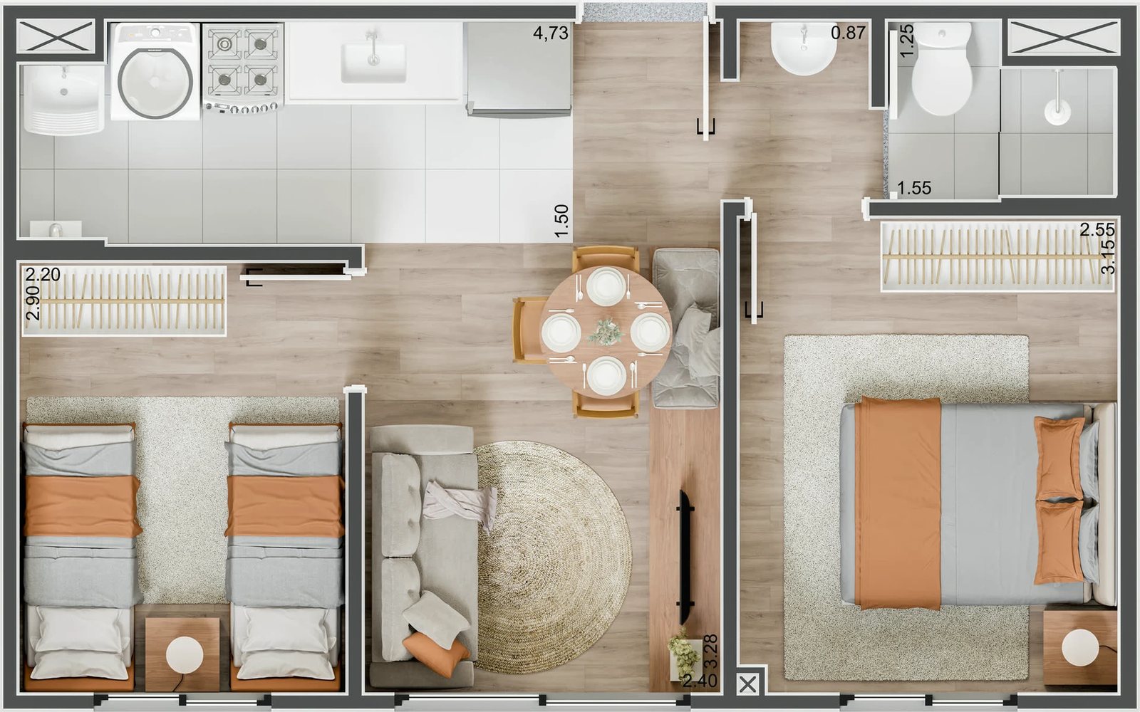 Planta 01 - 2 dorm 36m²
