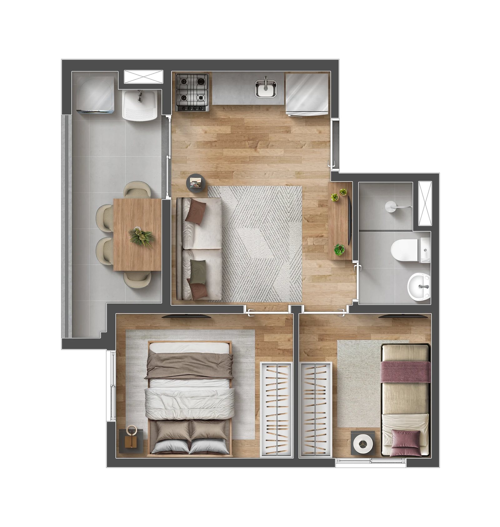 36,76 m² 02 Dormitórios com Varanda