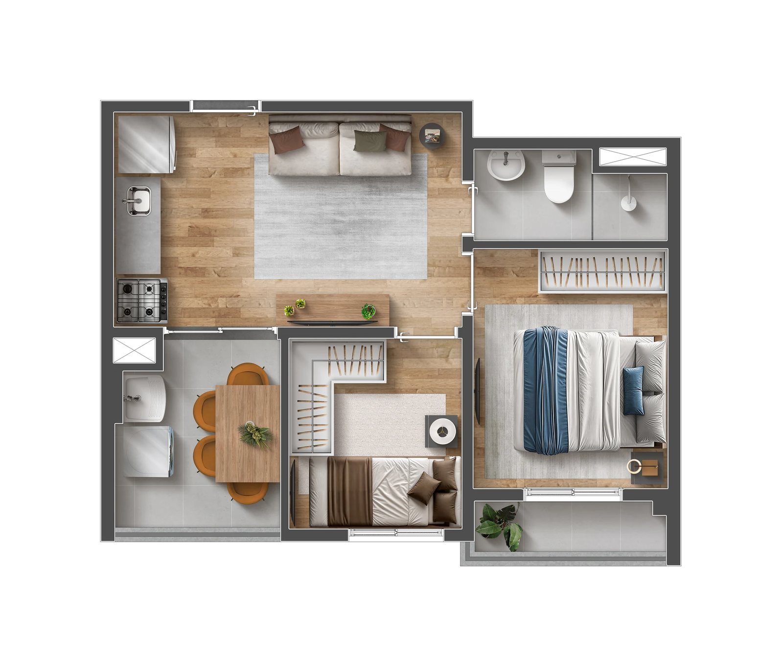37,75 m²  02 Dormitórios e 02 Varandas