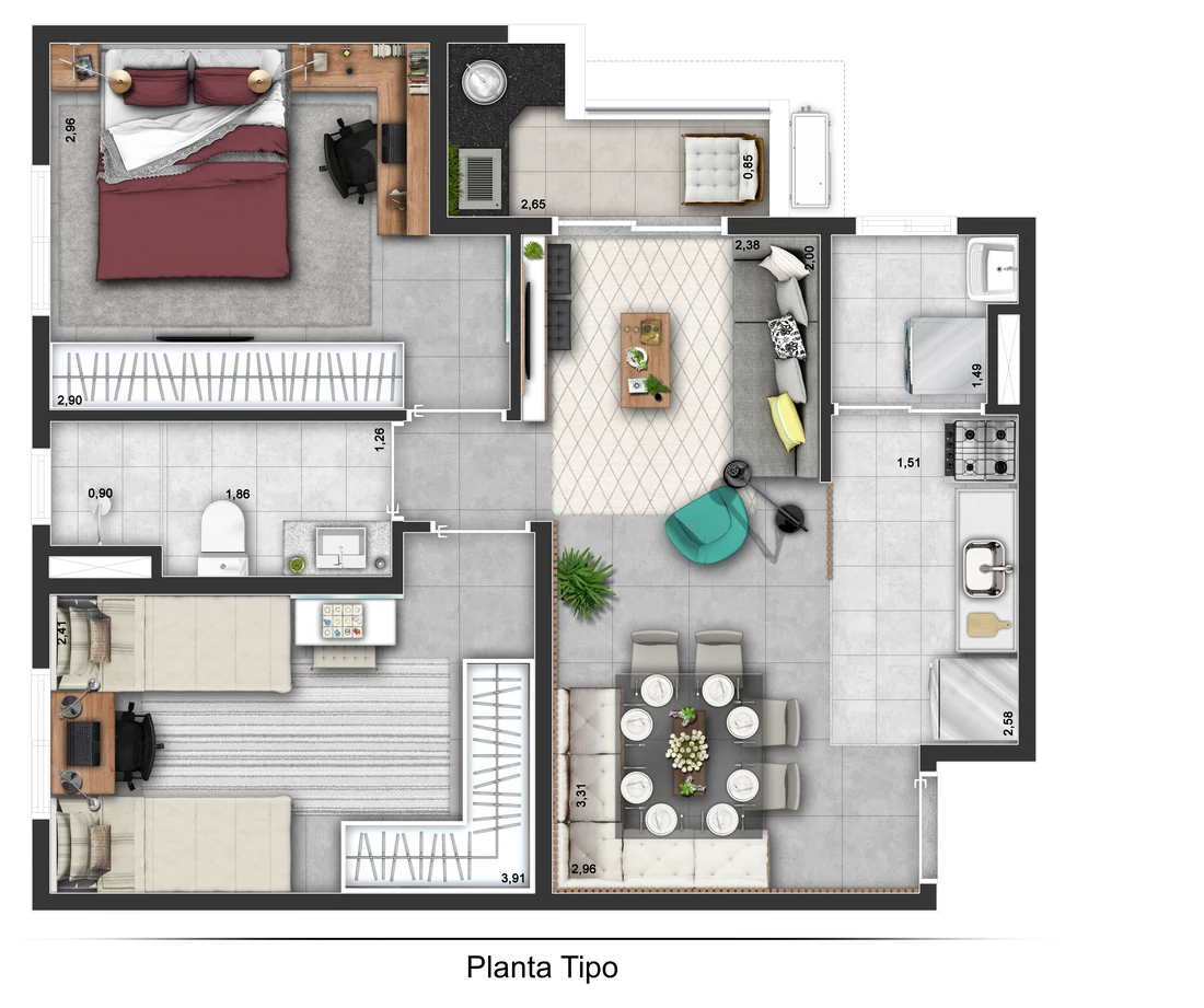 Planta 01 - 2 dorm 51,12m²