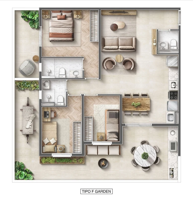 Planta 04 - 3 dorm 104,95m² - garden