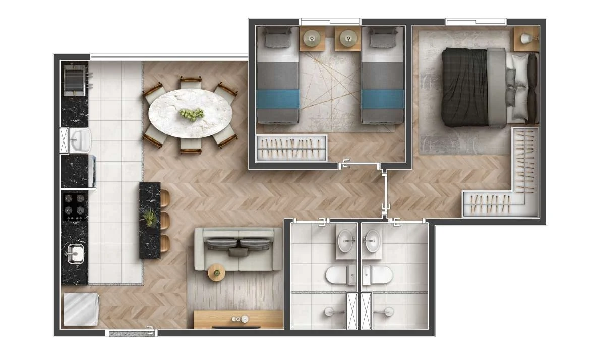 Planta 02 - 2 dorm 53m²