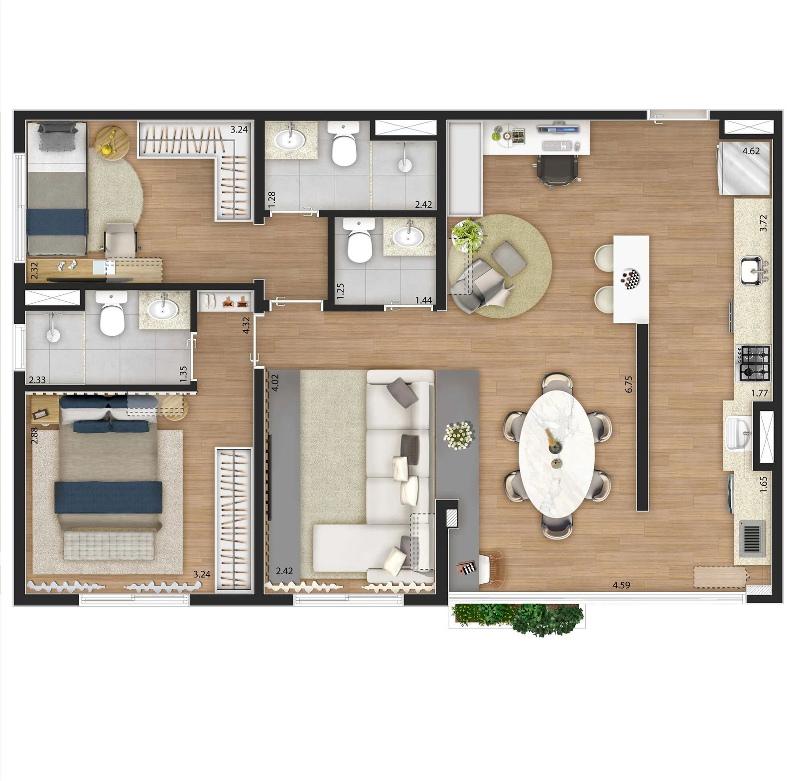 Planta 08 - 2 dorm 75m² - opção 3