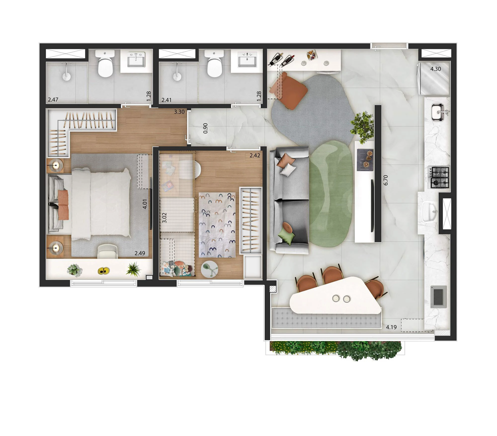 Planta 02 - 2 dorm 60m² - opção 1