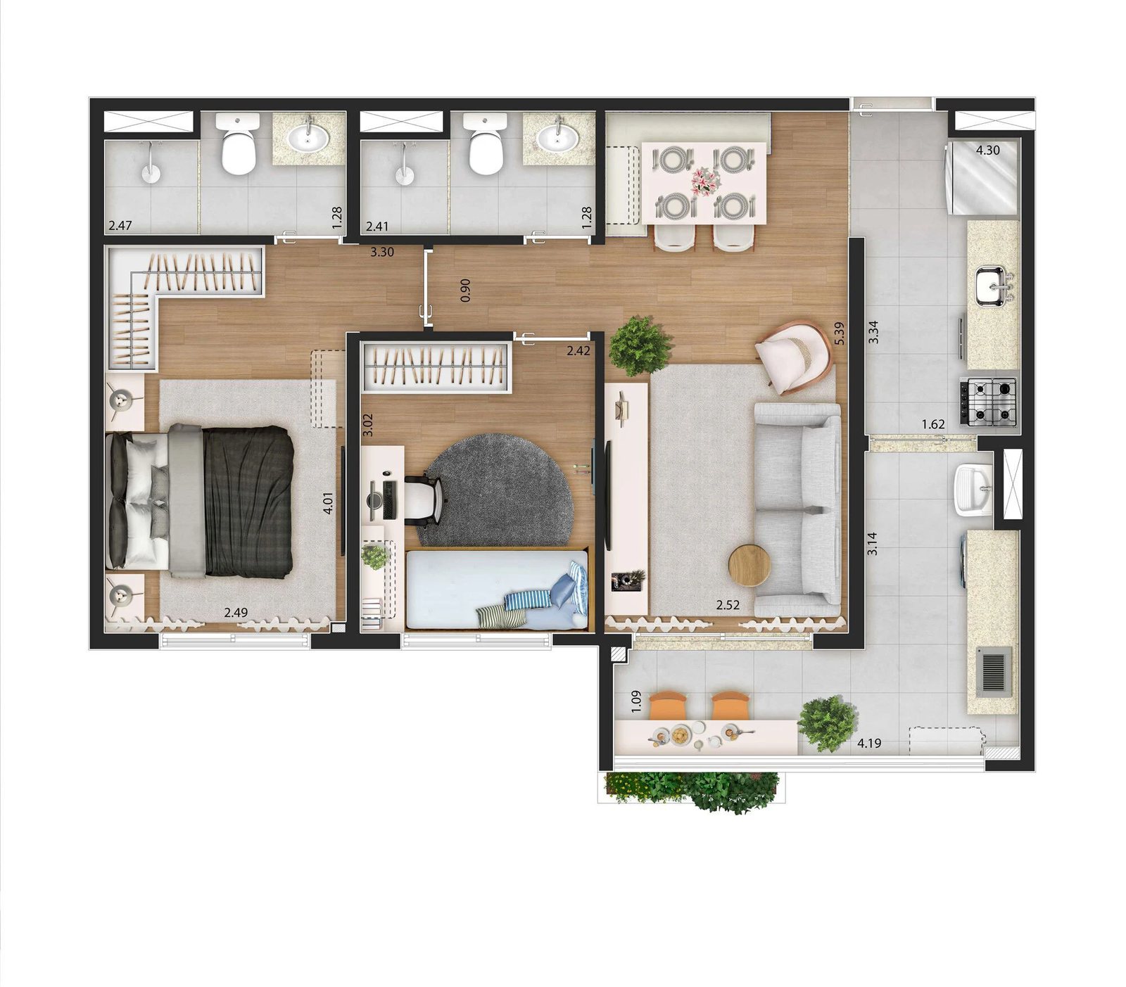 Planta 01 - 2 dorm 60m²