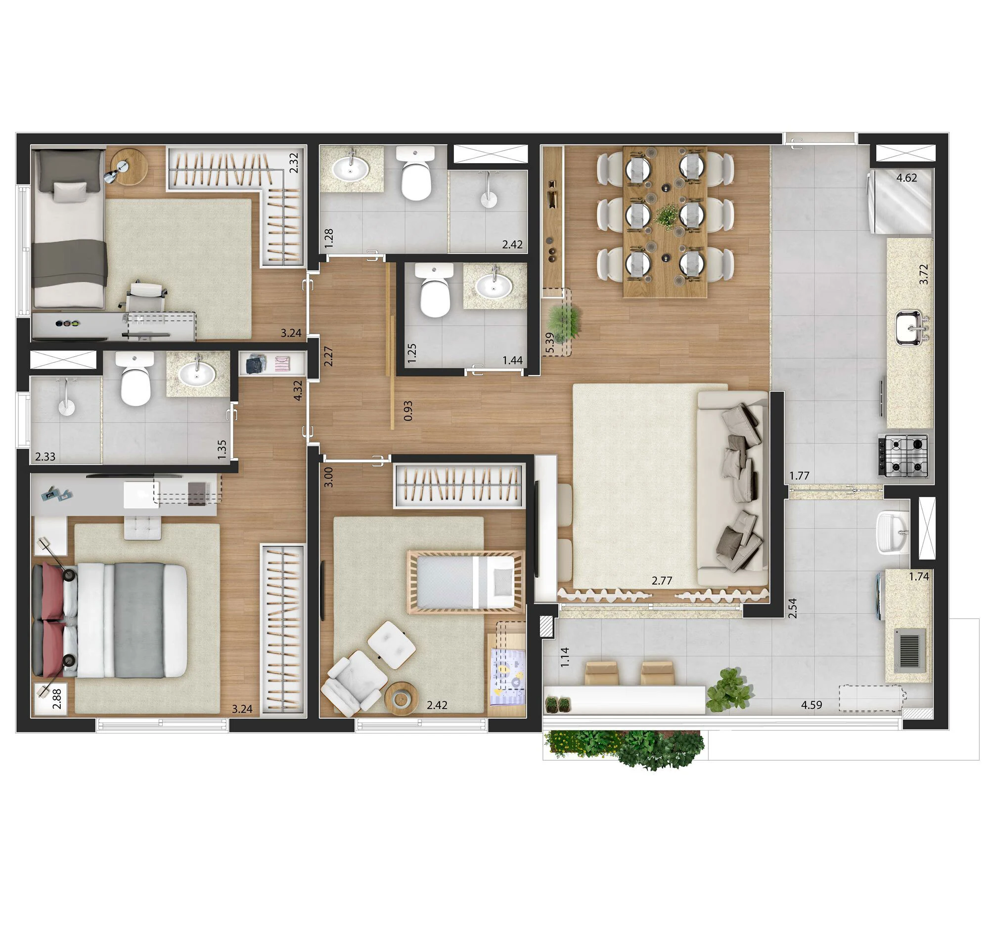 Planta 05 - 3 dorm 75m²