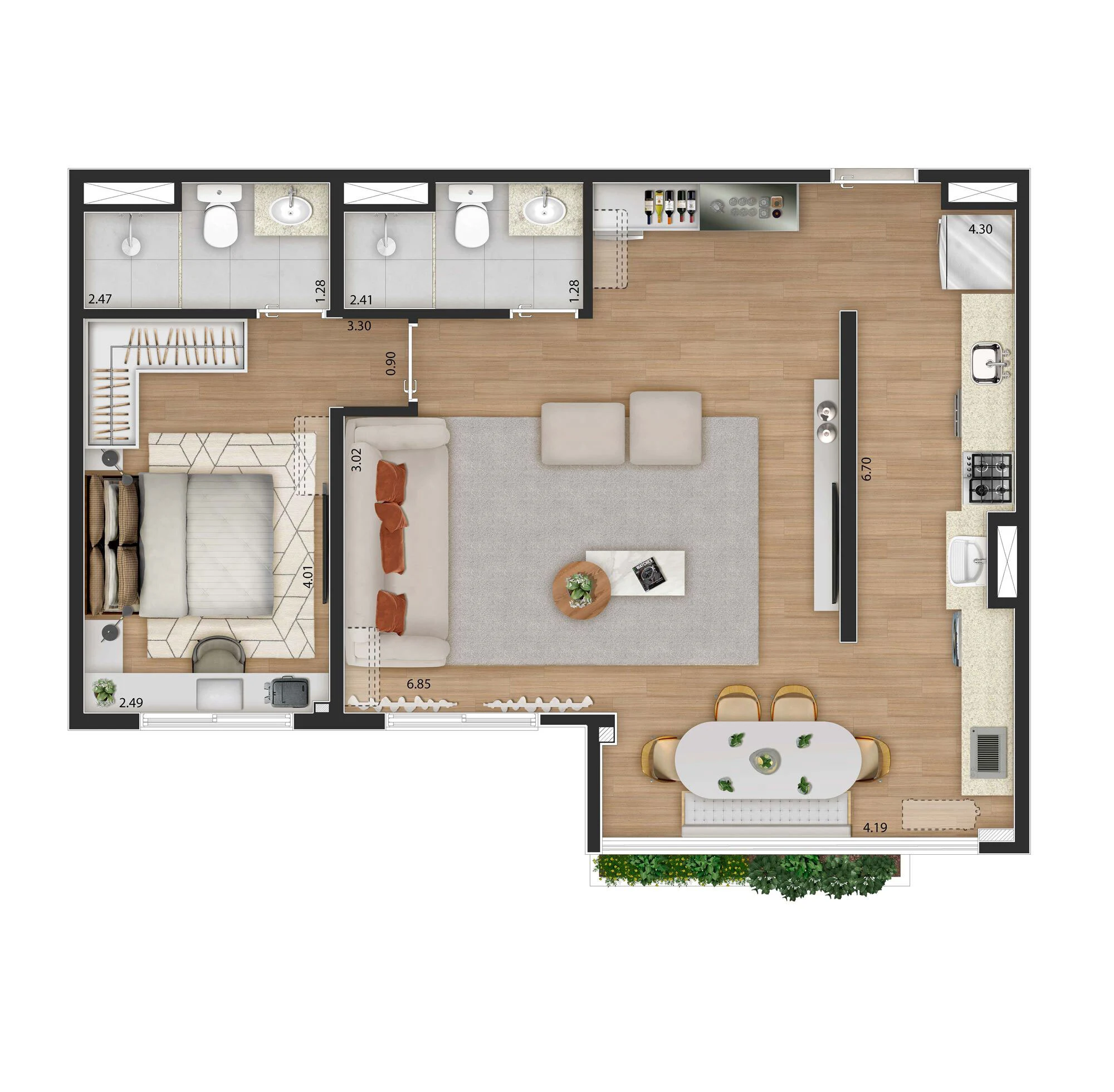 Planta 04 - 1 dorm 60m² - opção 3