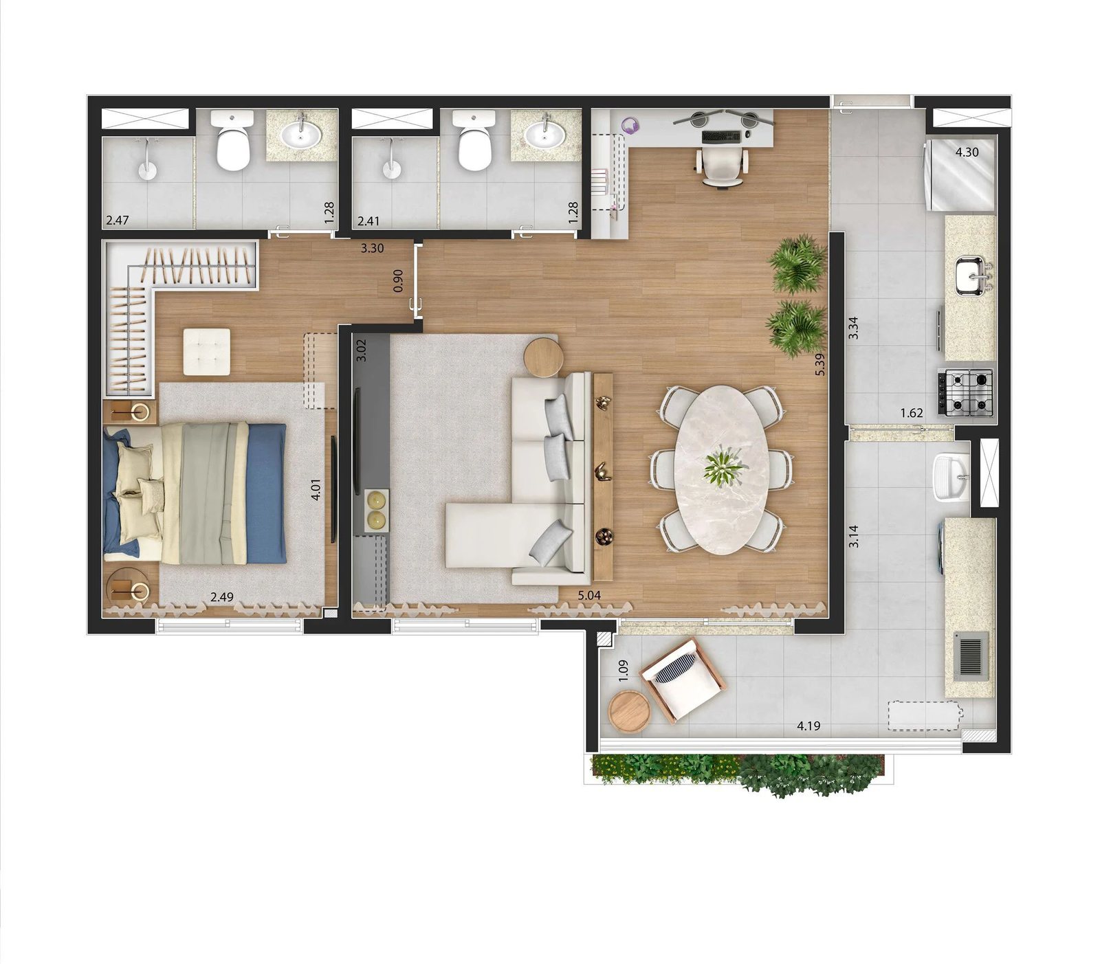 Planta 03 - 1 dorm 60m² - opção 2