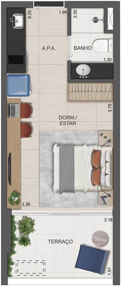 Planta 02 - 1 dorm 32m² - studio
