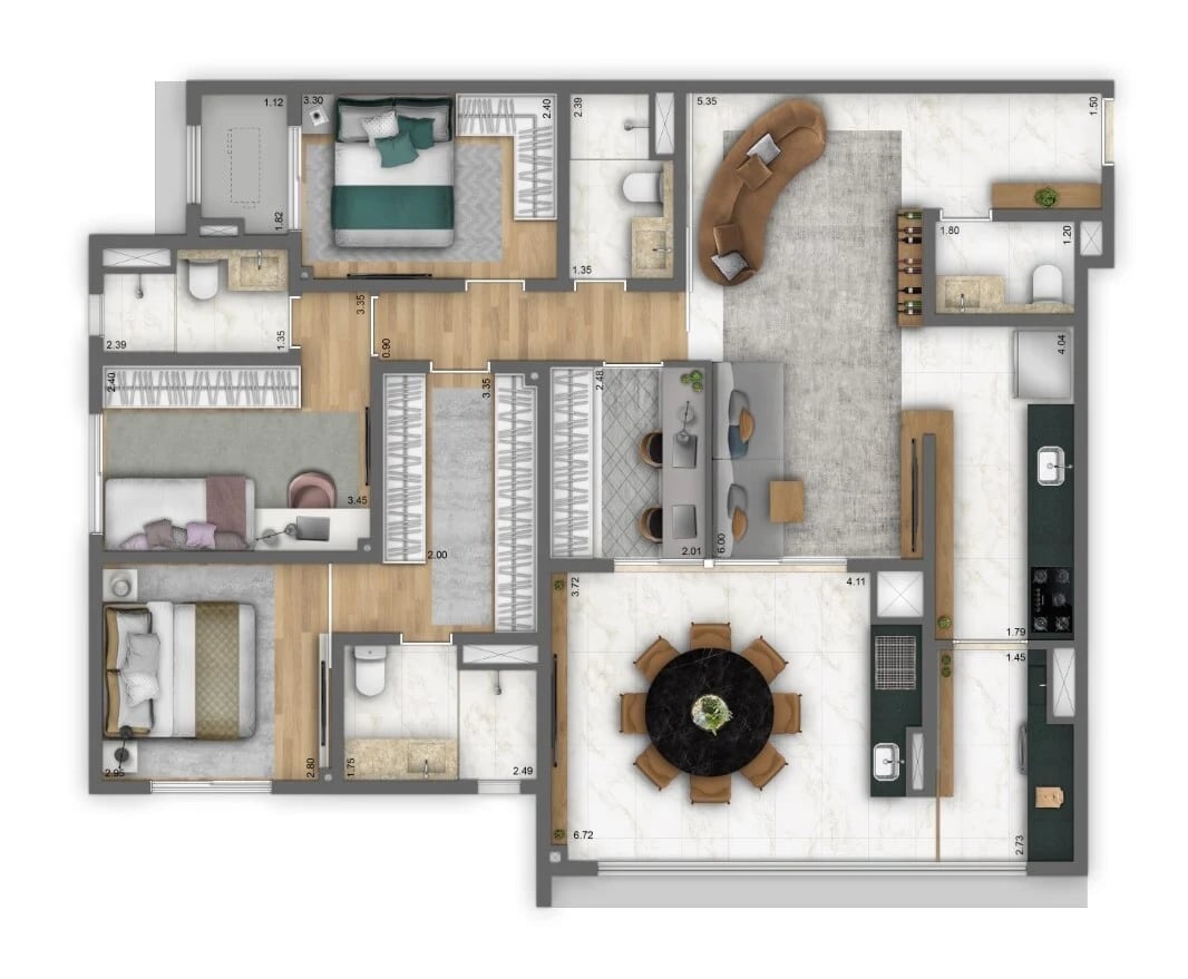Planta 04 - 3 dorm 120m²