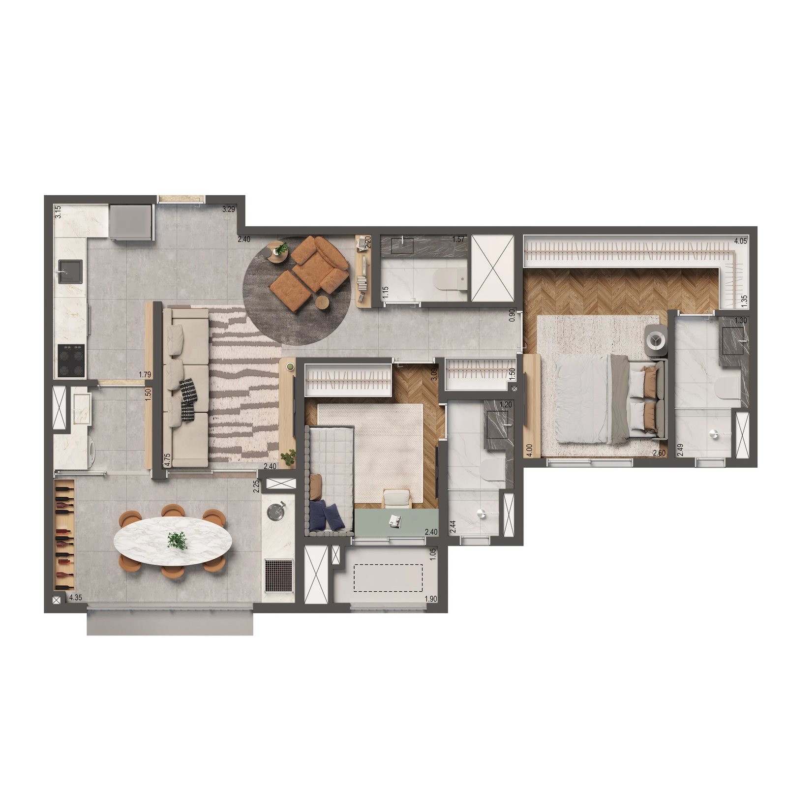 Planta 02 - 2 dorm 74m²