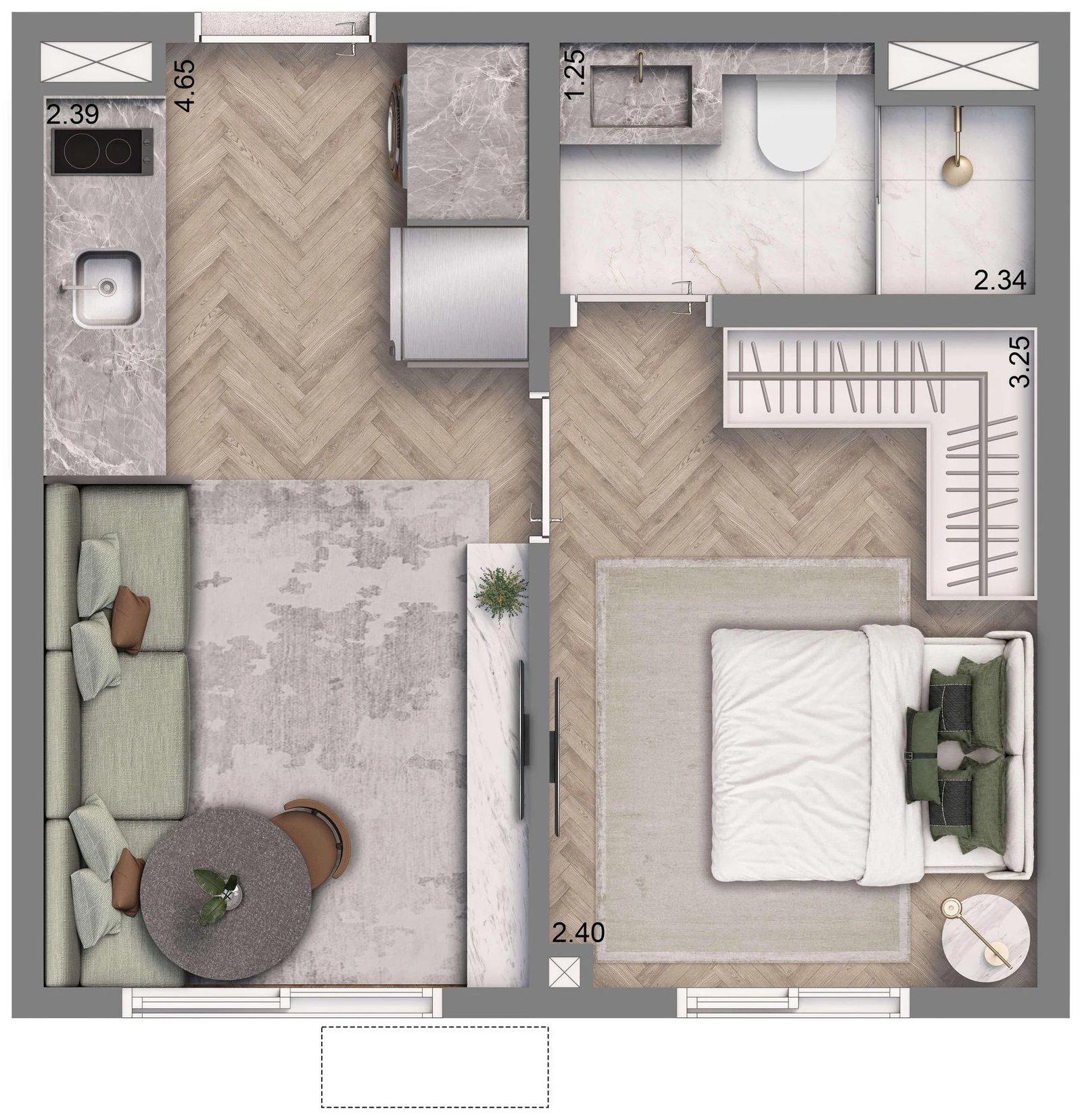 Planta 03 - 1 dorm 24m² - opção 01