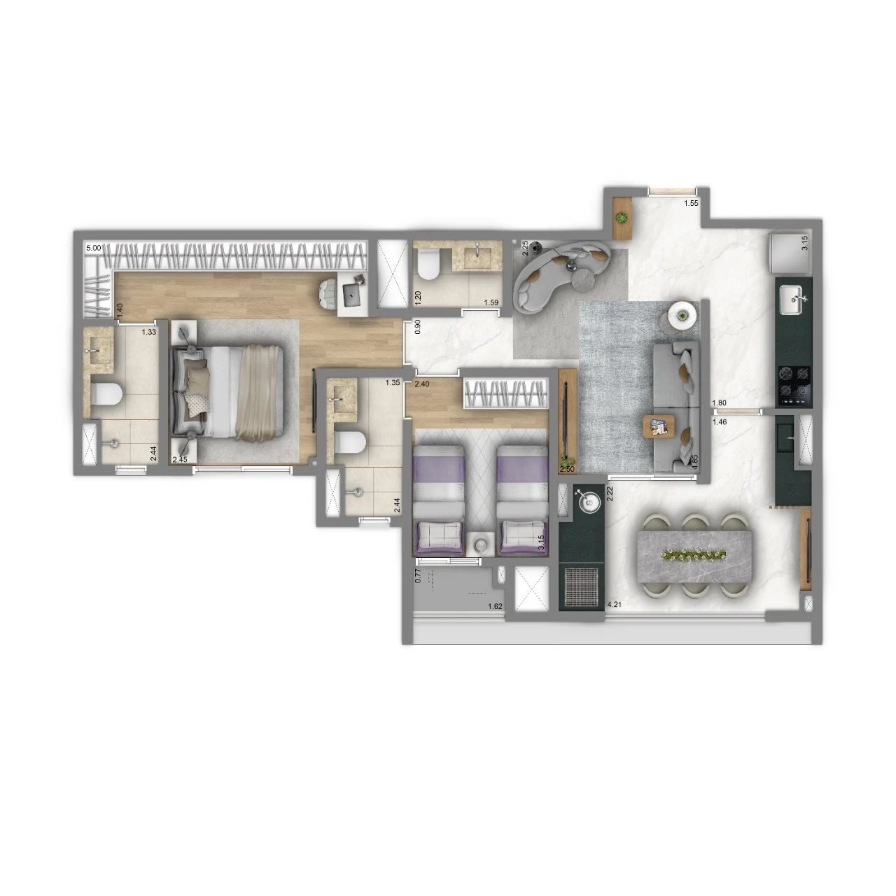 Planta 02 - 2 dorm 74m²