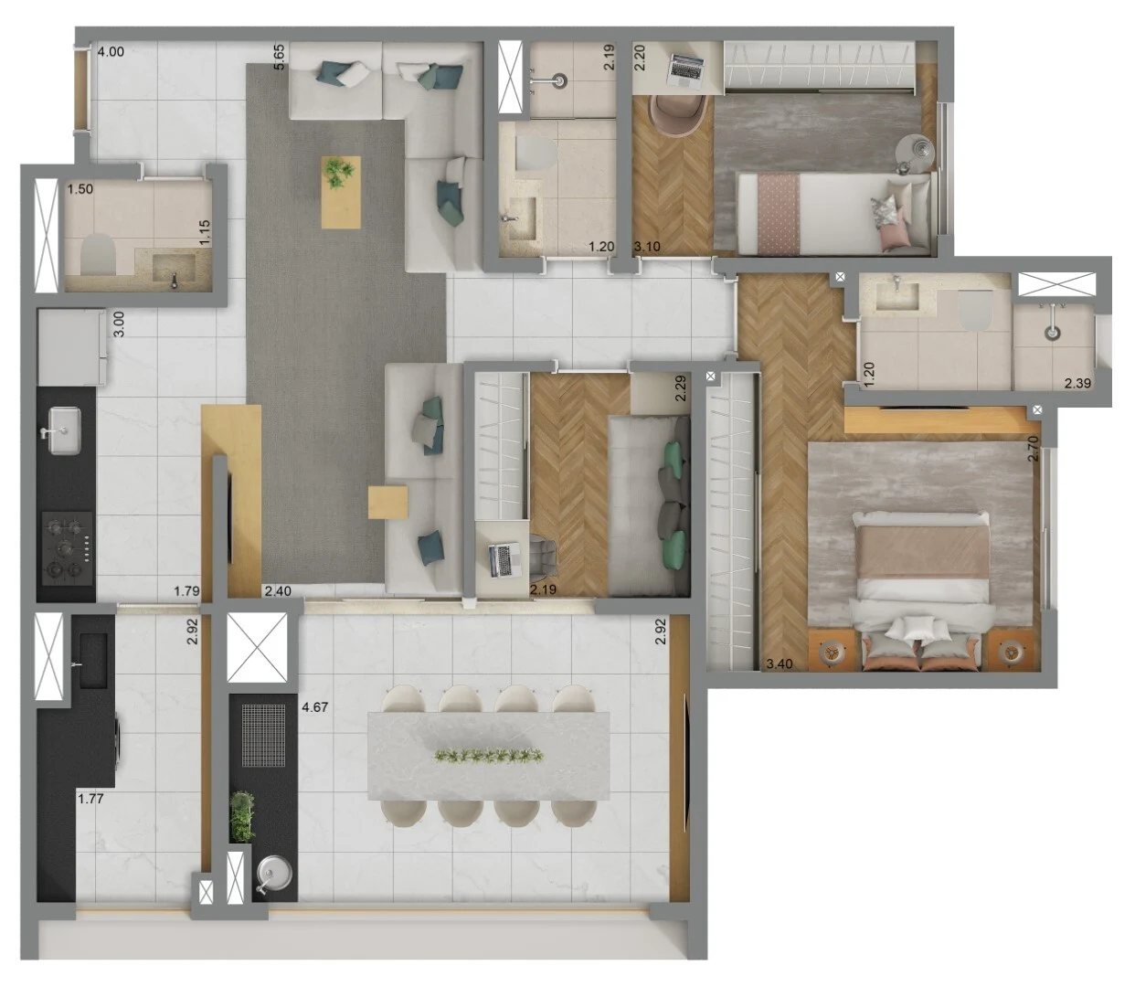 Planta 03 - 3 dorm 82m²