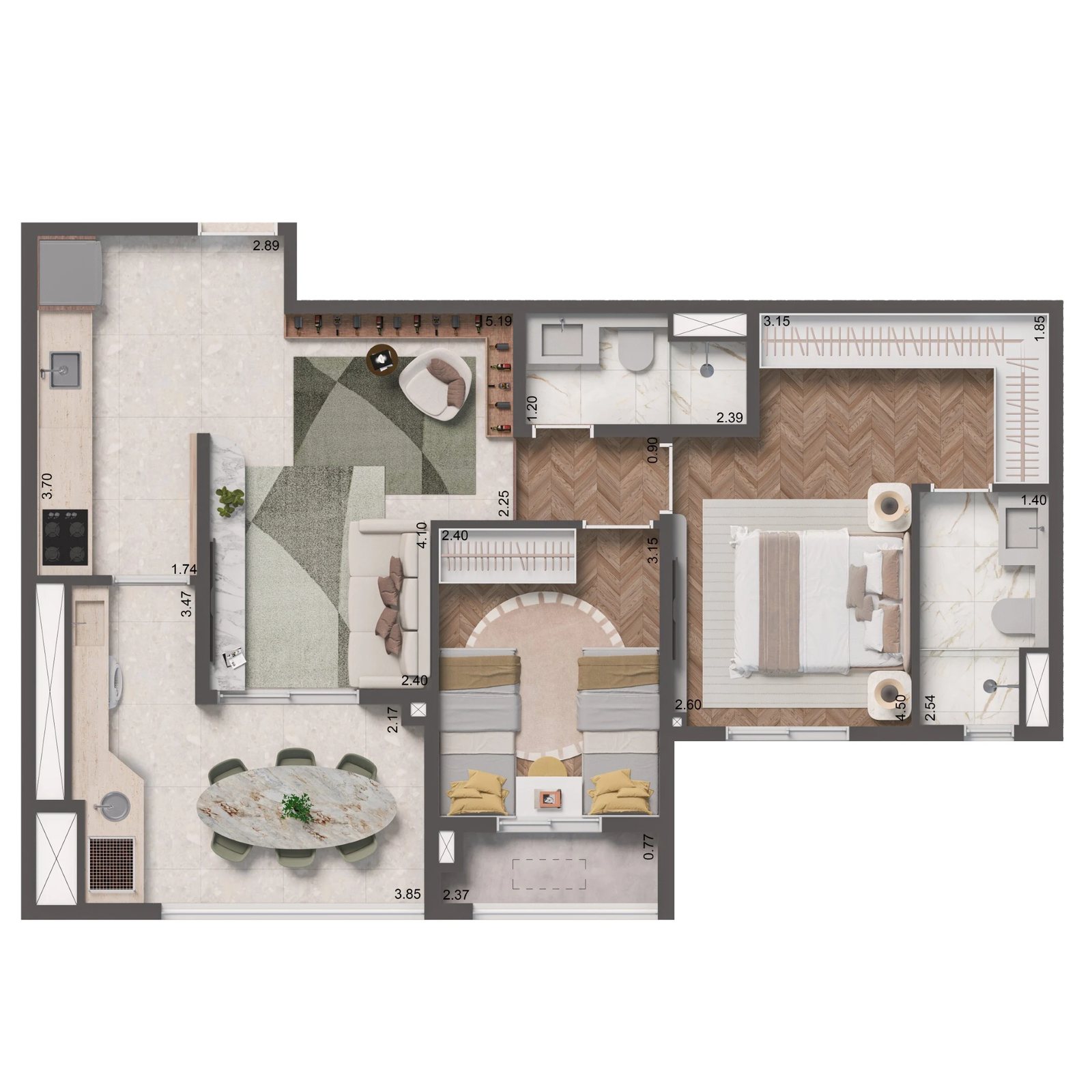 Planta 02 - 2 dorm 69m²