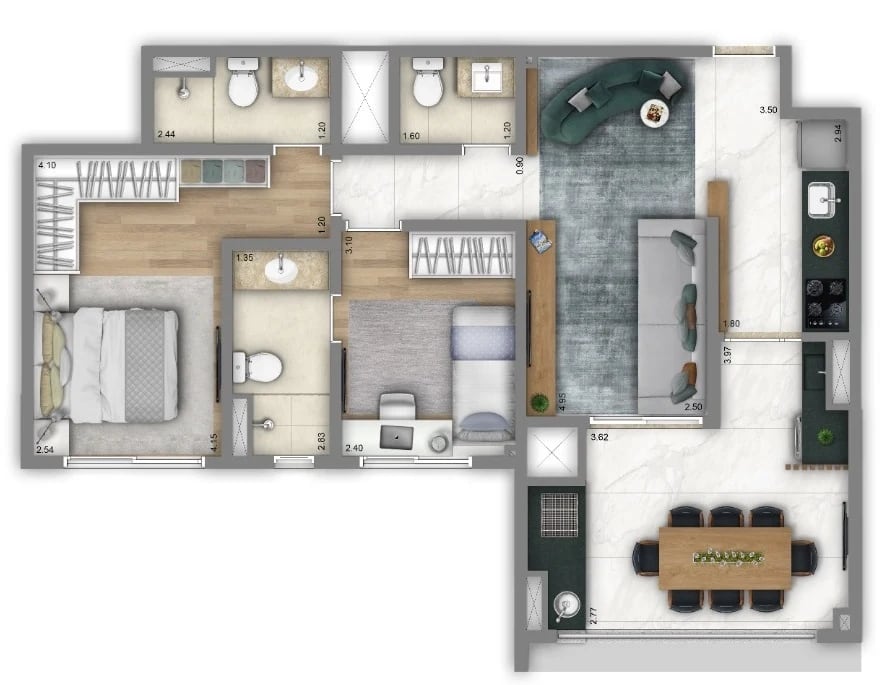 Planta 03 - 2 dorm 72m² - opção