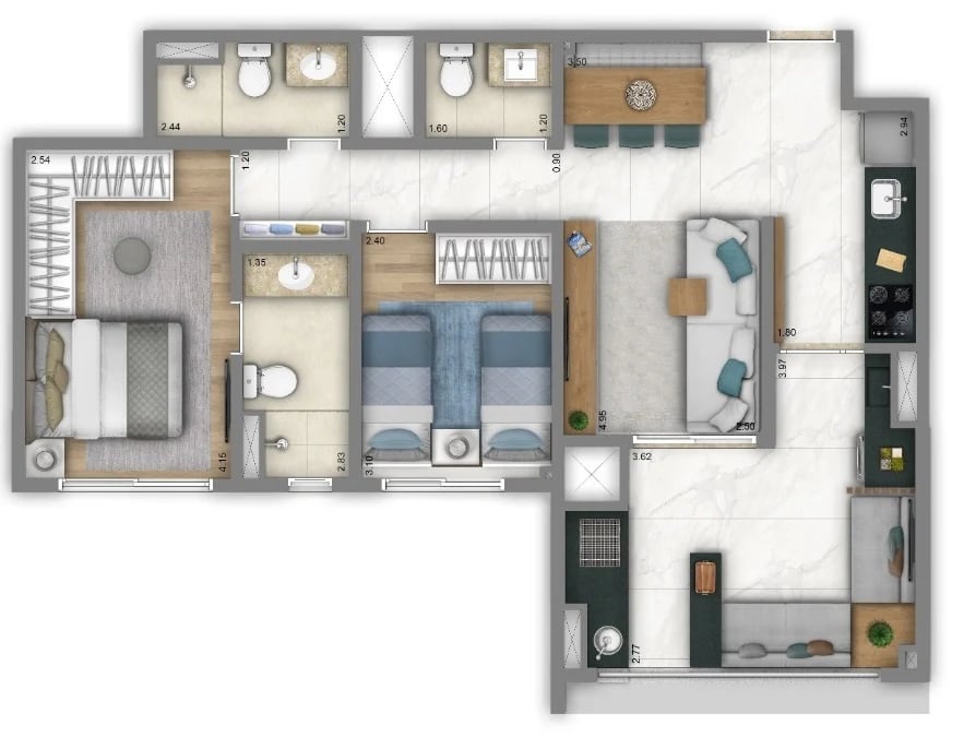 Planta 02 - 2 dorm 72m²