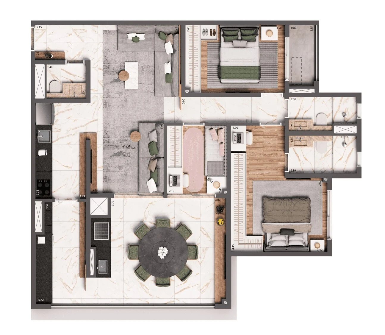 Planta 02 - 3 dorm 100m²