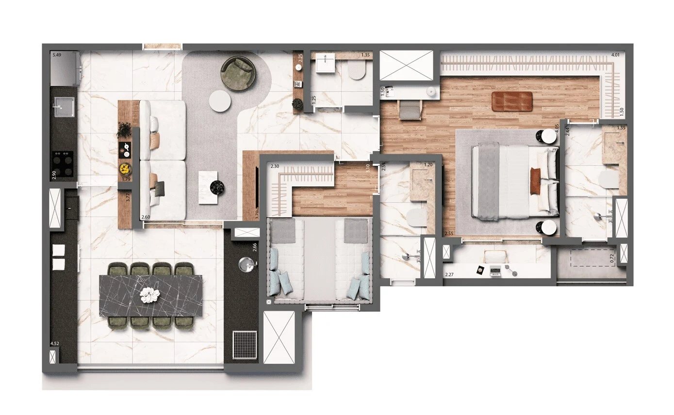 Planta 01 - 2 dorm 75m²