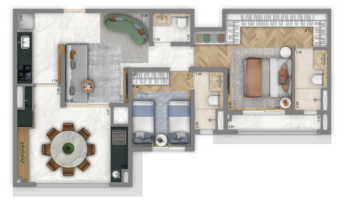 Planta 01 - 2 dorm 75m²