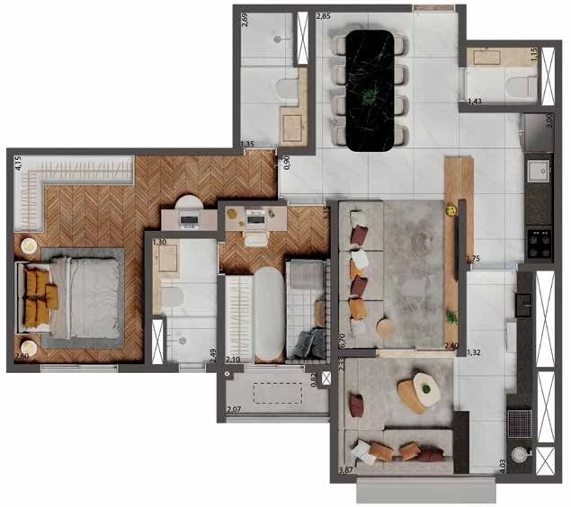 Planta 03 - 1 dorm 75m² - opção 2