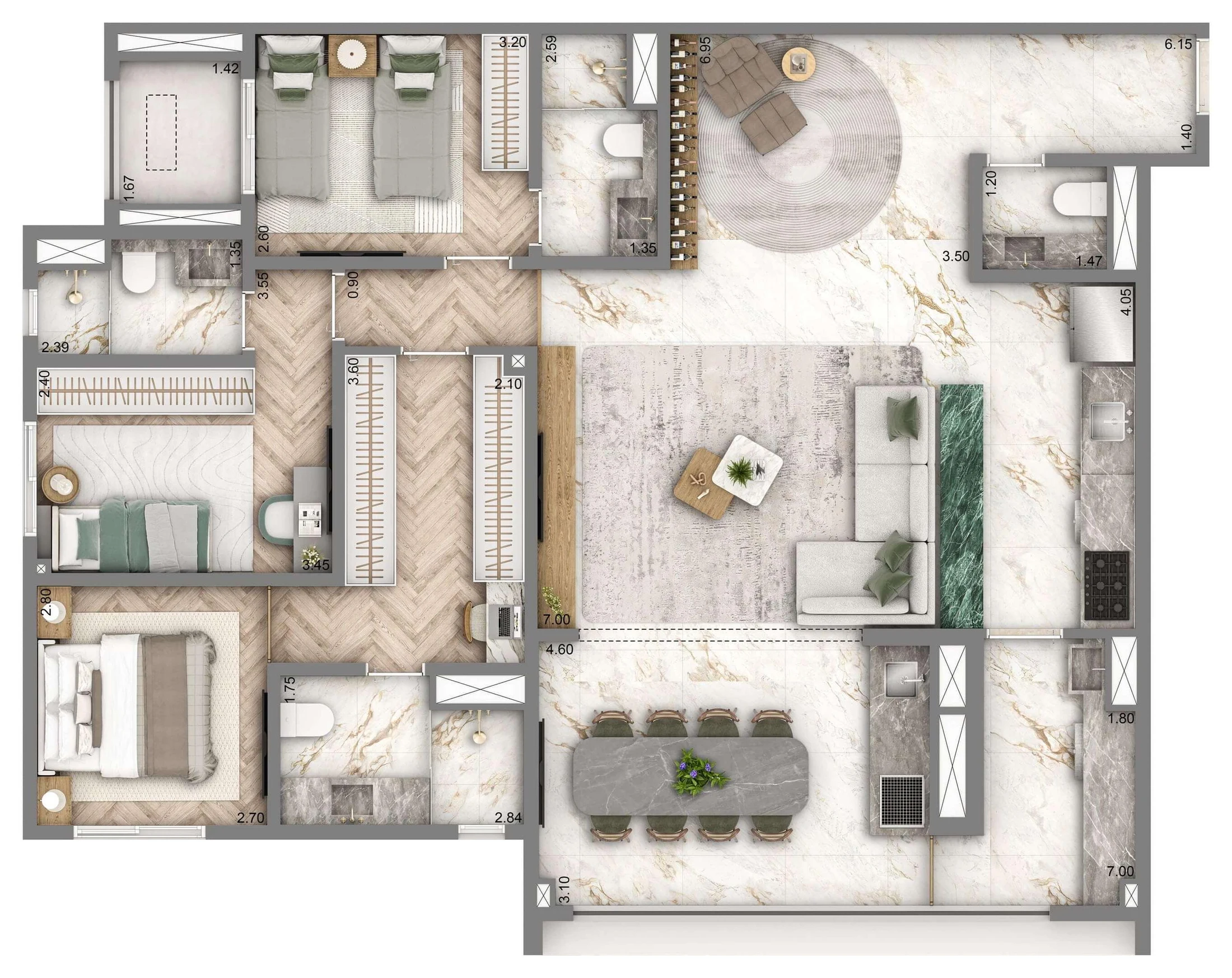 Planta 05 - 3 dorm 128m²