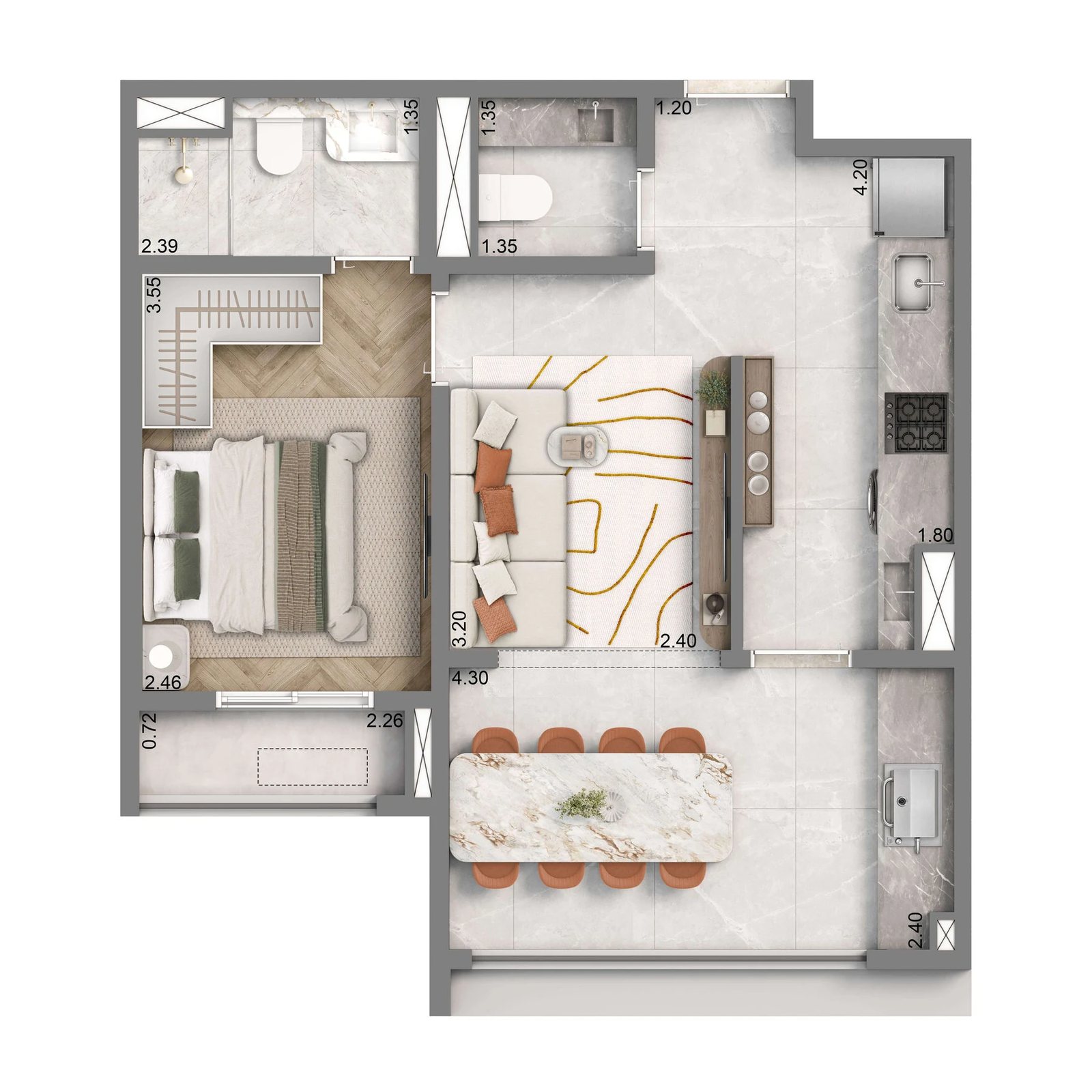 Planta 02 - 1 dorm 48m²