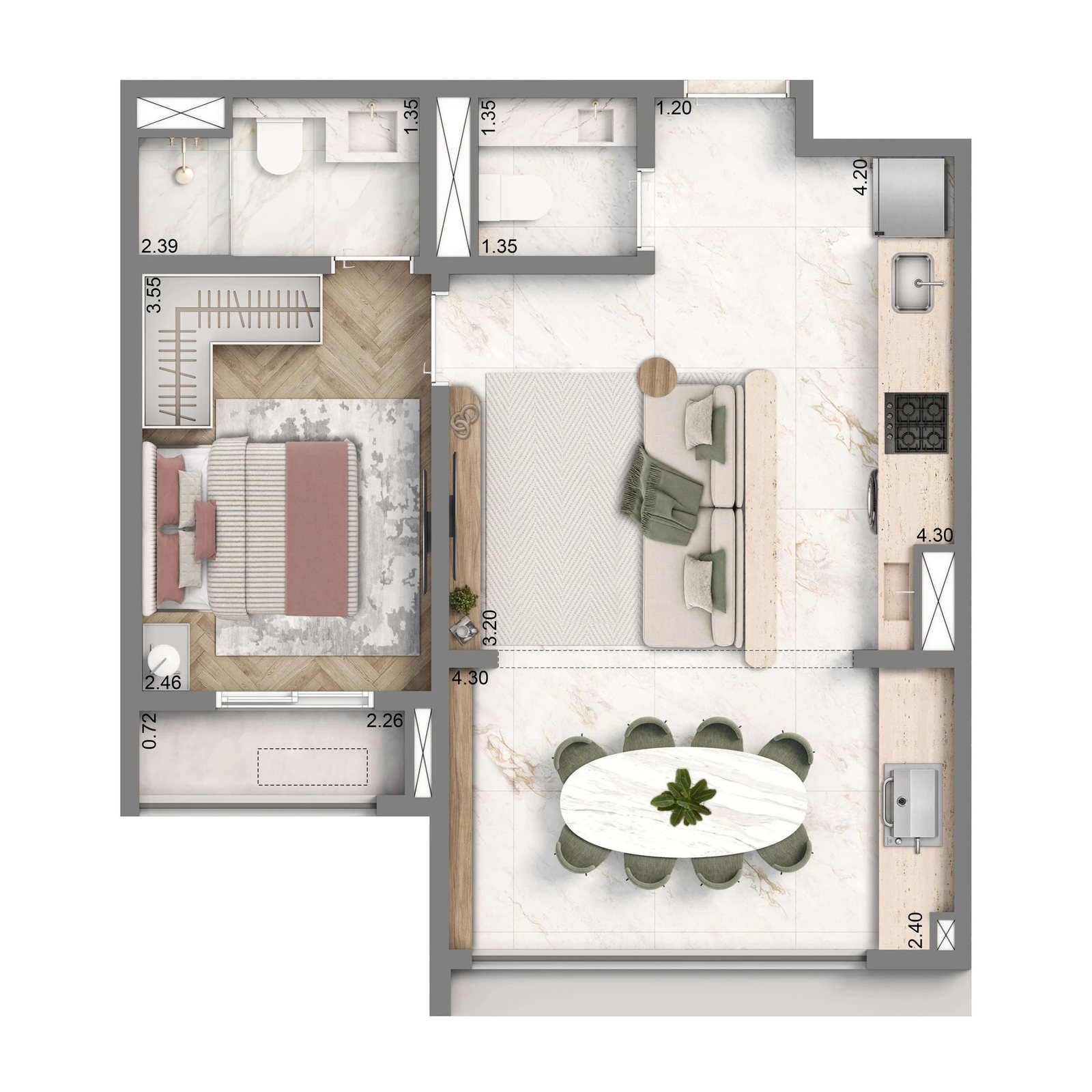 Planta 01 - 1 dorm 48m²