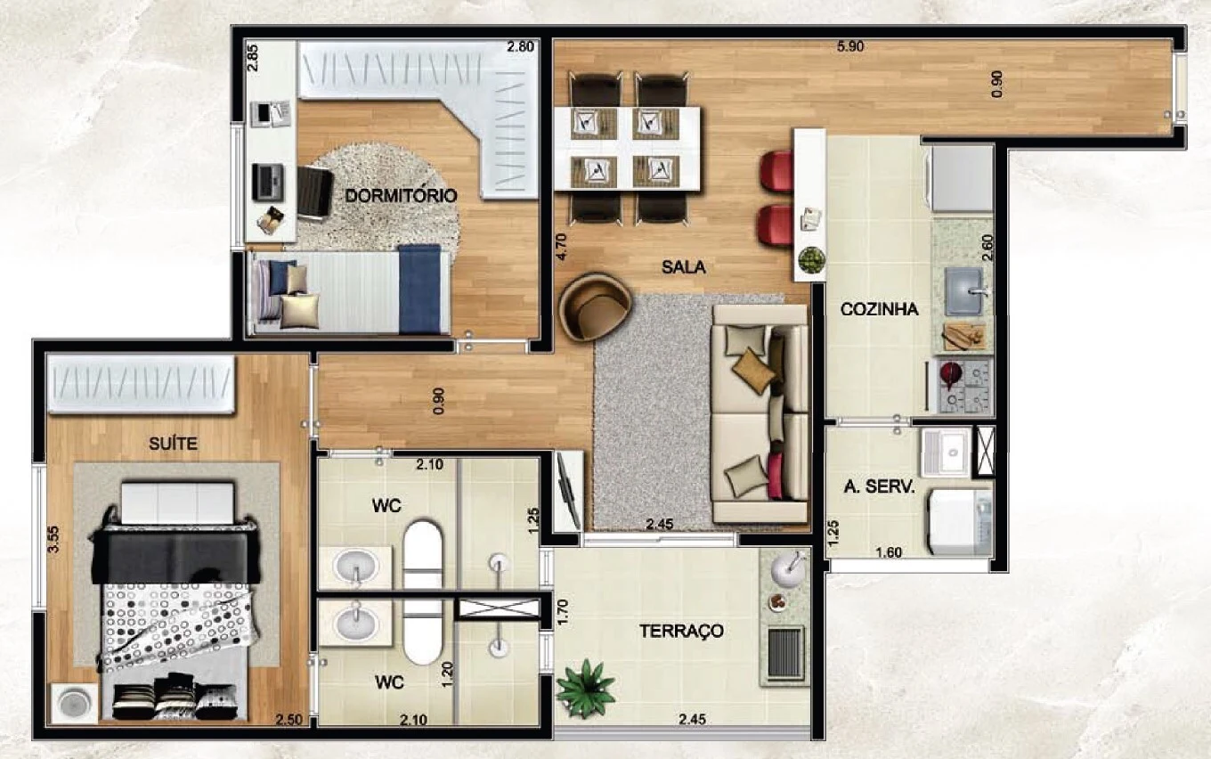 Planta 02 - 2 dorm 56 36m²
