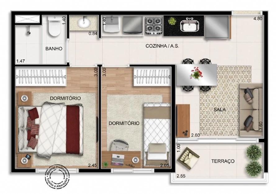 Planta 01 - 2 dorm 37m²