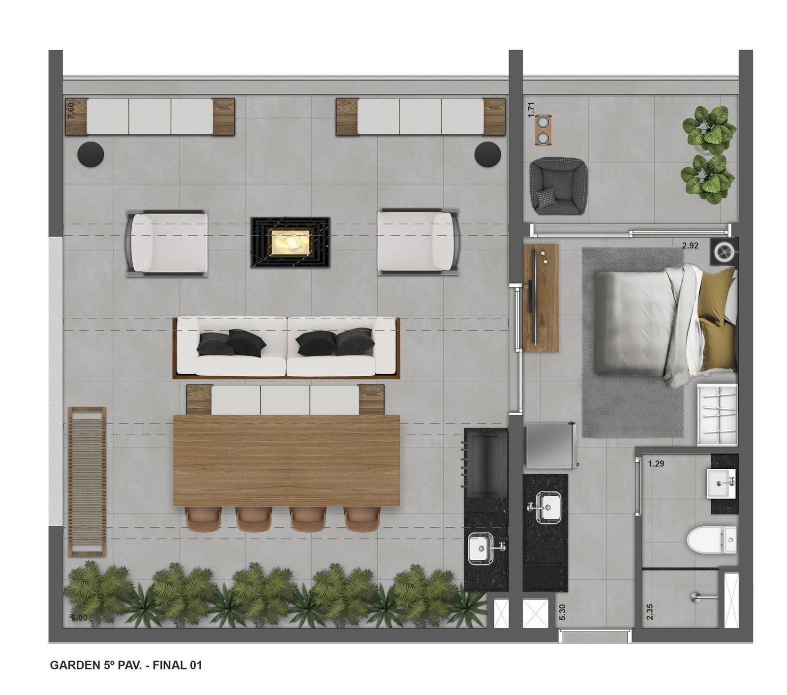 Planta 02 - 1 dorm 71 85m² - garden