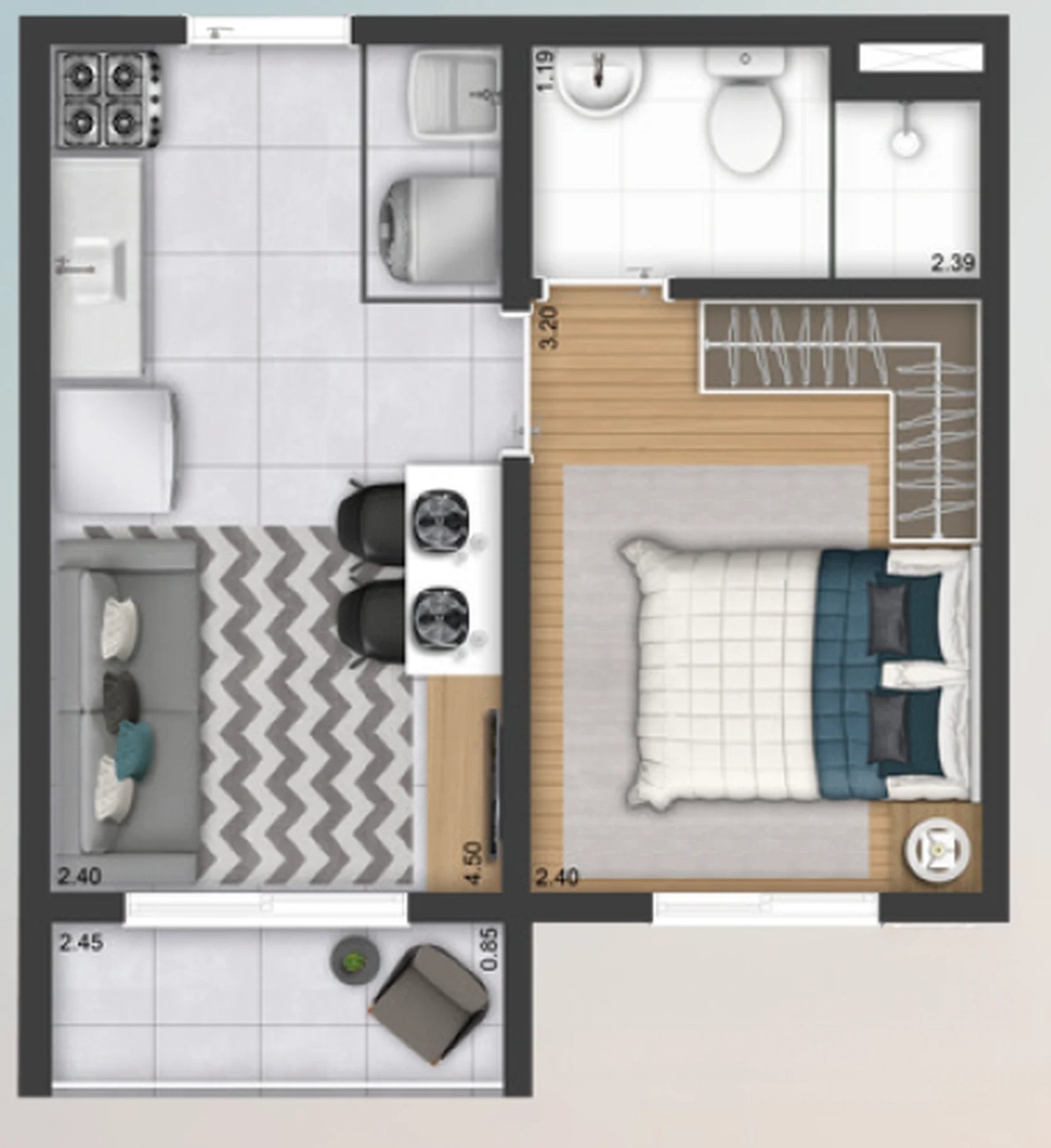 Planta 01 - 1 dorm 26,75m²