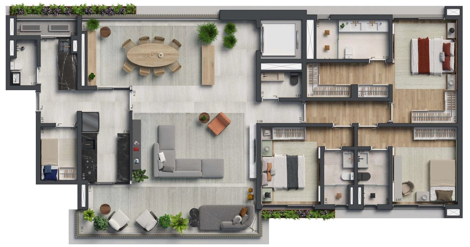 Planta 01 - 3 dorm 198m²