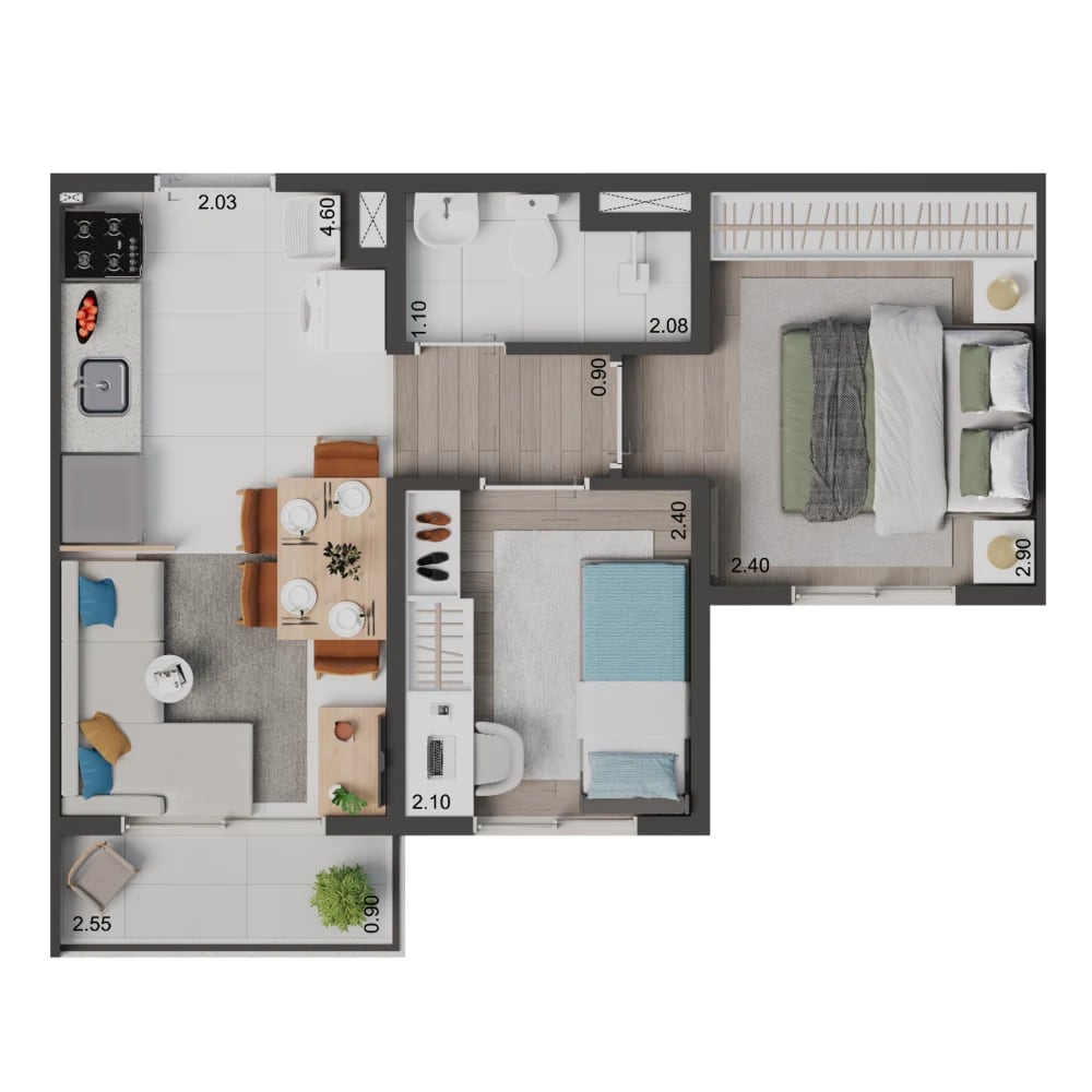 Planta 02 - 2 dorm 34m²