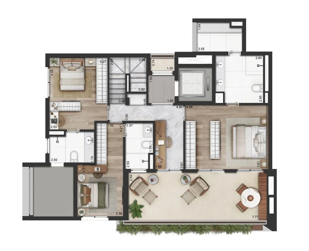 Planta 05 - 3 dorm 252,50m² - cobertura duplex - inferior