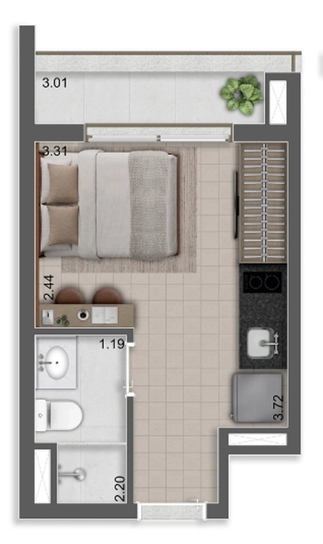 Planta 01 - 1 dorm 21,35m² - studio