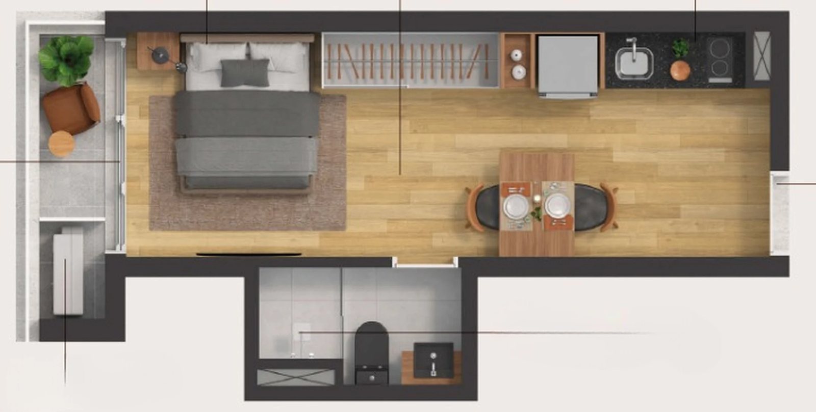 Planta 02 - 1 dorm 25,65m² - studio