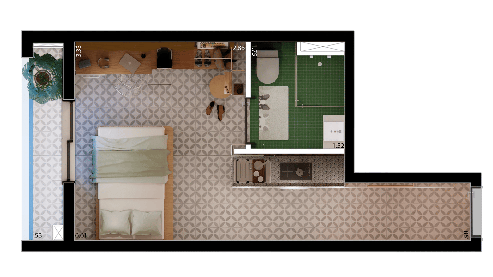 Planta 03 - 1 dorm 21,80m² - studio